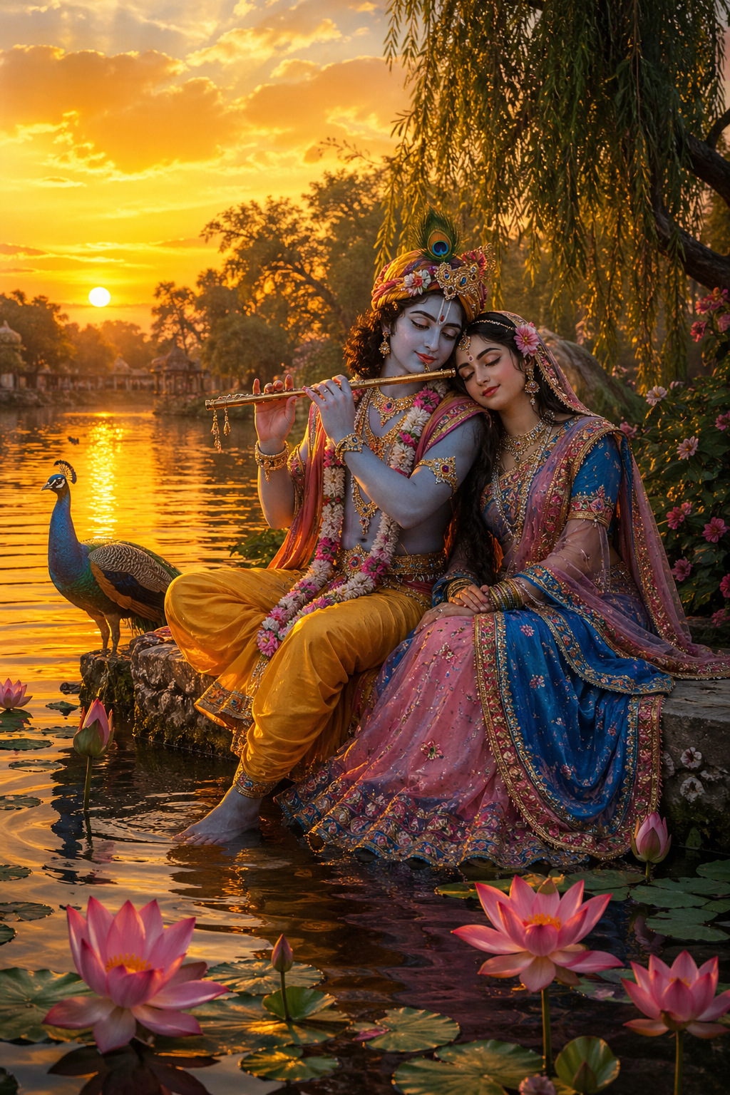 Krishna playing bansuri for Radha by Yamuna river at golden sunset with willow trees — Radha Krishna HD wallpaper